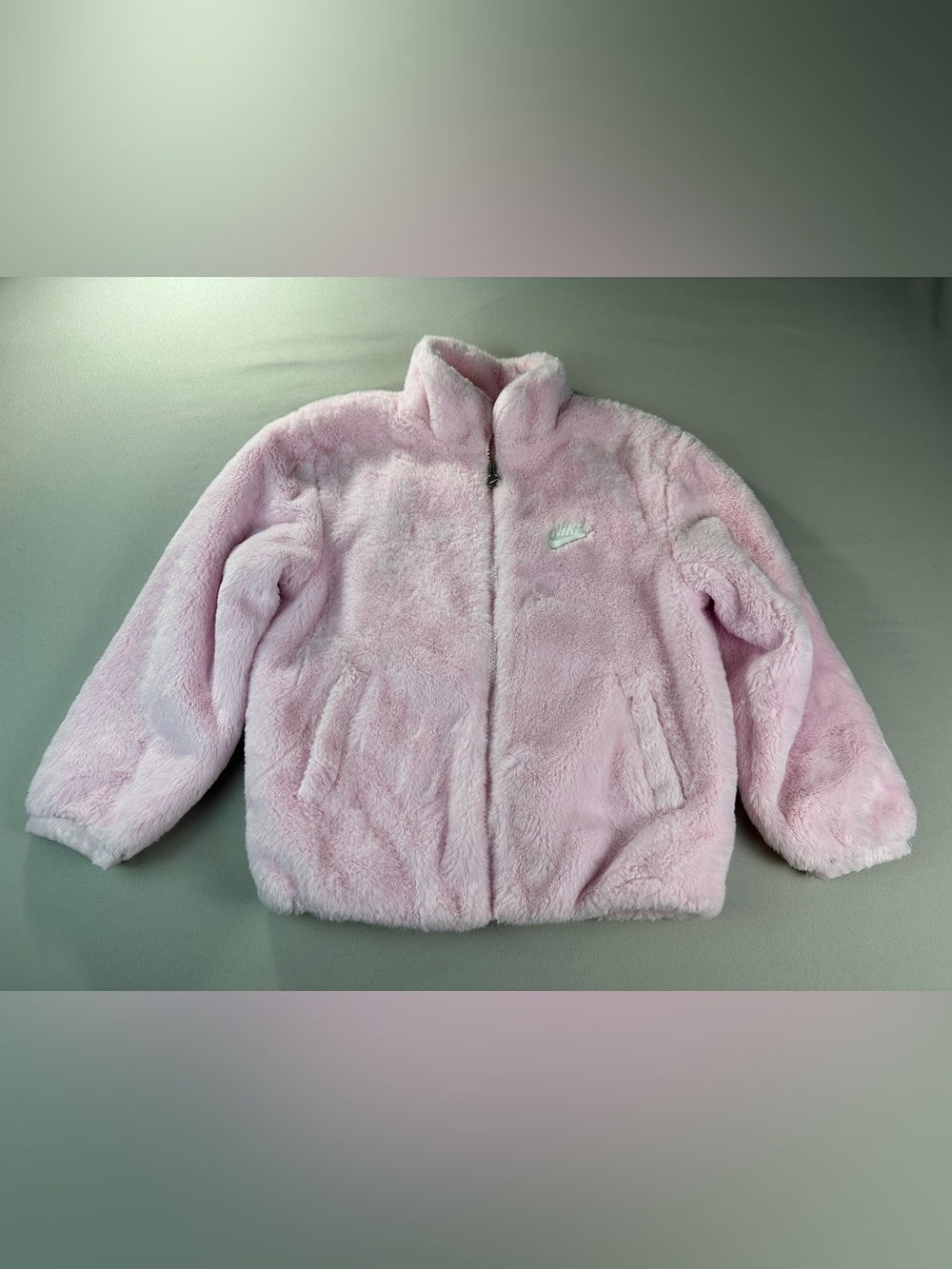 Nike Girls 5-6yrs Medium Faux Fur Jacket Pink Lined Full Zip Logo Warm fuzzy
